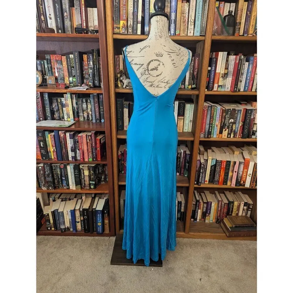 Aidan mattox blue knit maxi dress deep v low back sz 4